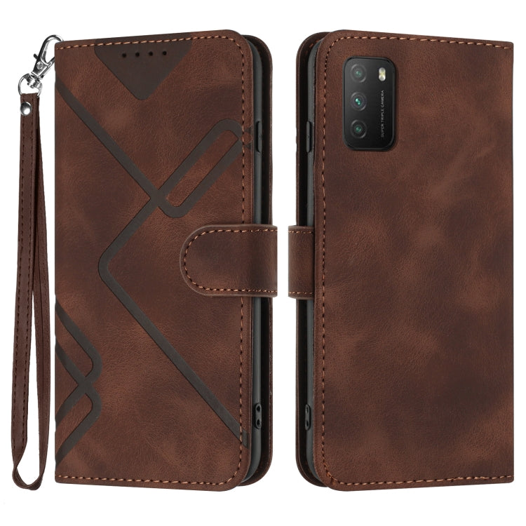 Coffee brown leather-texture folio phone case with geometric pattern, wrist strap, card slot