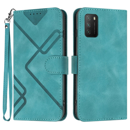 Teal leather-texture folio phone case with geometric pattern, wrist strap, front flap
