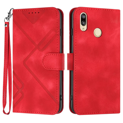 Red line-pattern leather wallet phone case with wrist strap and metallic camera cutout