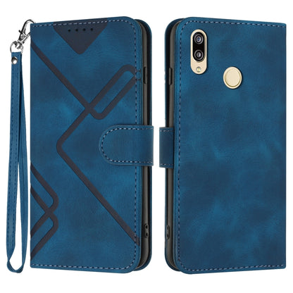Blue line-pattern leather wallet phone case with wrist strap and metallic camera cutout