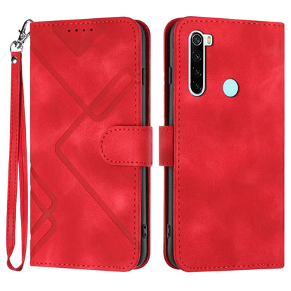 Red leather-style phone case with line pattern, flip cover, wrist strap, card holder