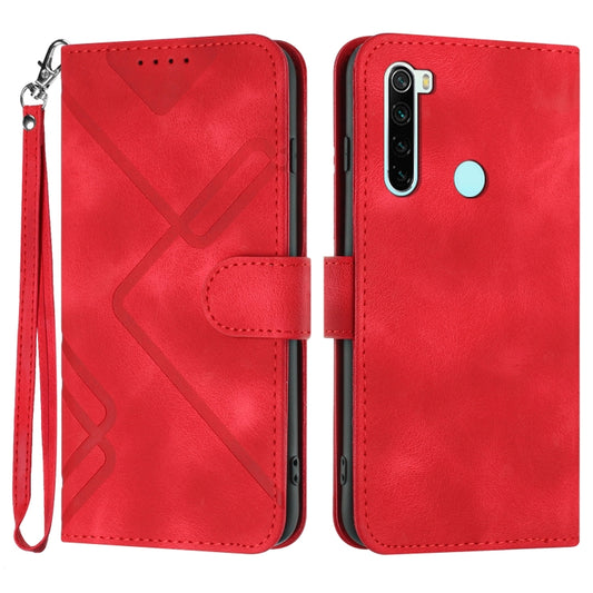 Red leather-style phone case with line pattern, flip cover, wrist strap, card holder