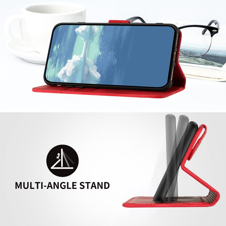 Red leather-style flip phone case supporting a multi-angle stand, phone screen facing out