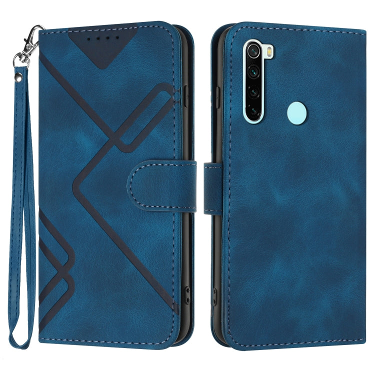 Blue leather-style phone case with line pattern, flip cover, wrist strap, camera cutout