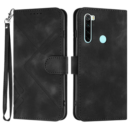 Black leather-style phone case with line pattern, flip cover, wrist strap, camera cutout