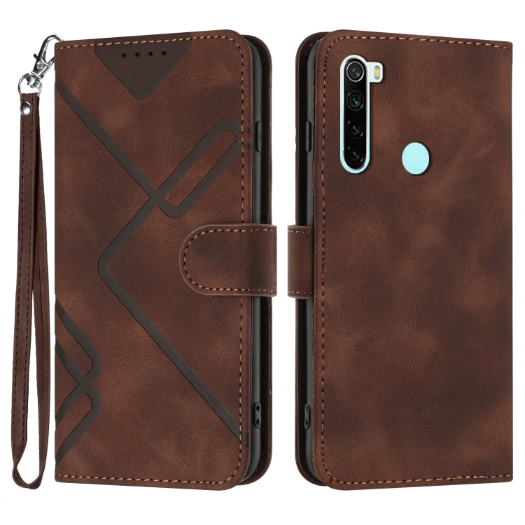 Coffee brown leather-style phone case with line pattern, flip cover, wrist strap, camera cutout