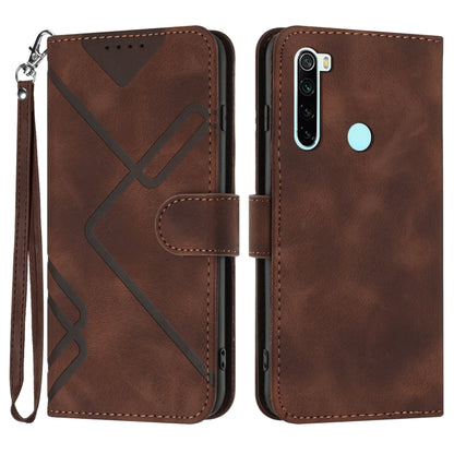 Coffee brown leather-style phone case with line pattern, flip cover, wrist strap, camera cutout