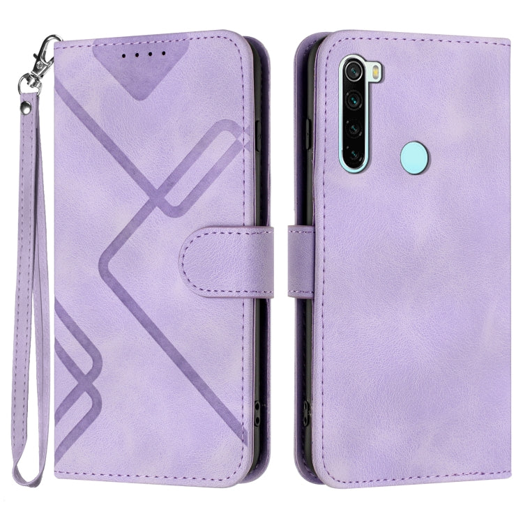 Light purple leather-style phone case with line pattern, flip cover, wrist strap, camera cutout