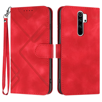 Red line-pattern leather wallet phone case with wrist strap and flip cover