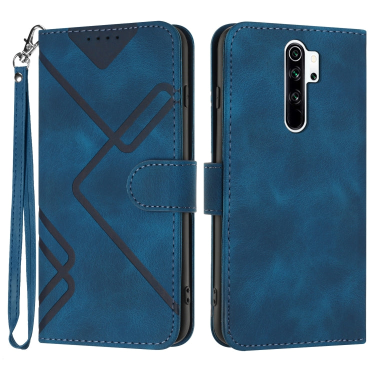 Blue line-pattern leather wallet phone case with wrist strap and flip cover