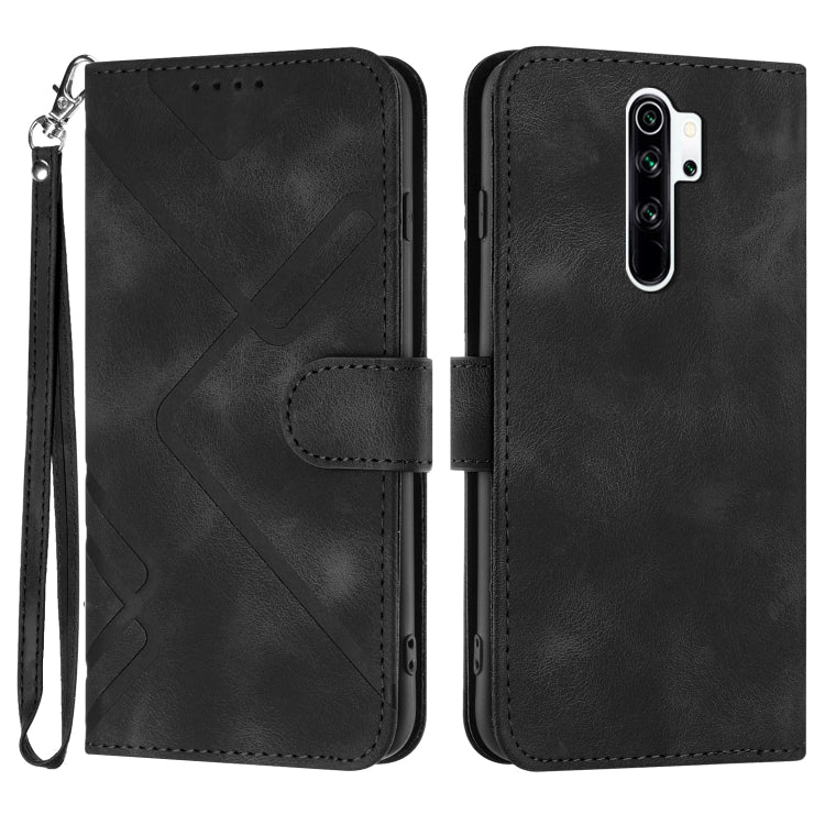 Black line-pattern leather wallet phone case with wrist strap and flip cover