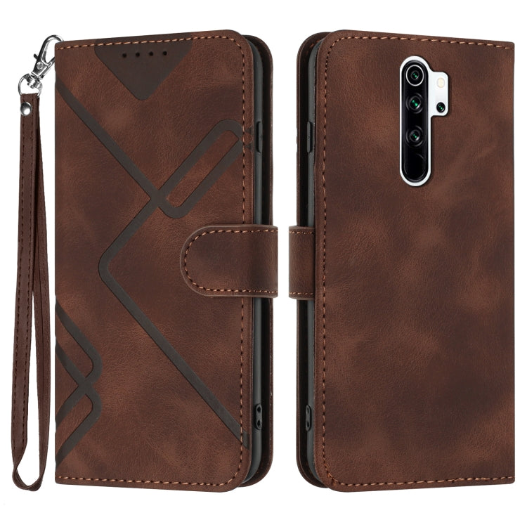 Coffee brown line-pattern leather wallet phone case with wrist strap and flip cover
