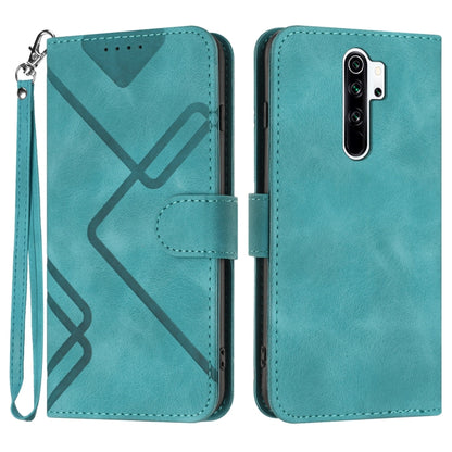 Teal line-pattern leather wallet phone case with wrist strap and flip cover