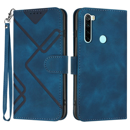 Dark blue leather wallet phone case with geometric pattern, camera cutout, and wrist strap