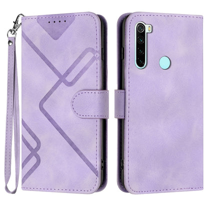 Light purple leather wallet phone case with geometric pattern, camera cutout, and wrist strap
