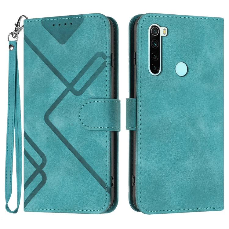 Teal leather wallet phone case with geometric pattern, camera cutout, and wrist strap