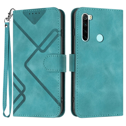 Teal leather wallet phone case with geometric pattern, camera cutout, and wrist strap