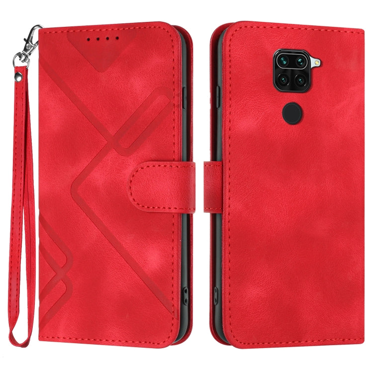 Red flip leather phone case with wrist strap, wallet flap, and geometric pattern.