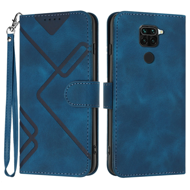 Blue flip leather phone case with wrist strap, wallet flap, and geometric pattern.