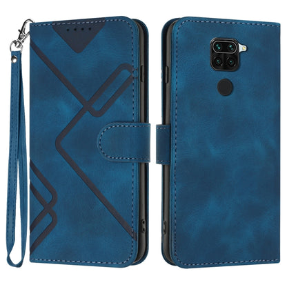 Blue flip leather phone case with wrist strap, wallet flap, and geometric pattern.
