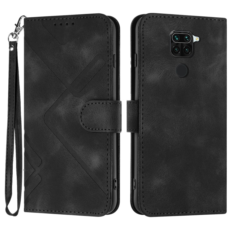 Black flip leather phone case with wrist strap and wallet flap, geometric pattern.