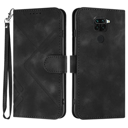Black flip leather phone case with wrist strap and wallet flap, geometric pattern.