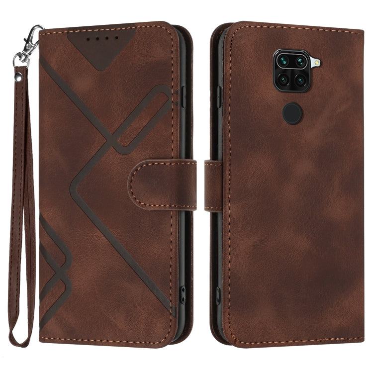 Brown flip leather phone case with wrist strap and wallet flap, geometric pattern.