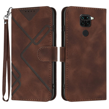 Brown flip leather phone case with wrist strap and wallet flap, geometric pattern.