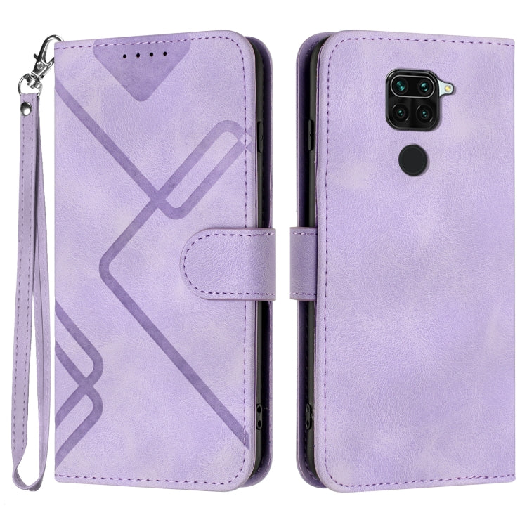 Light purple flip leather phone case with wrist strap and wallet flap, geometric pattern.
