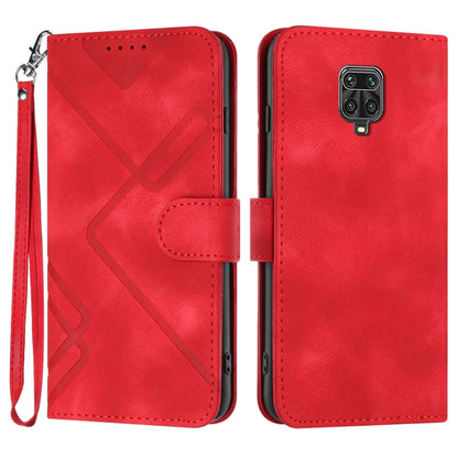 Red flip leather phone case with wrist strap and wallet flap, rear camera cutout.