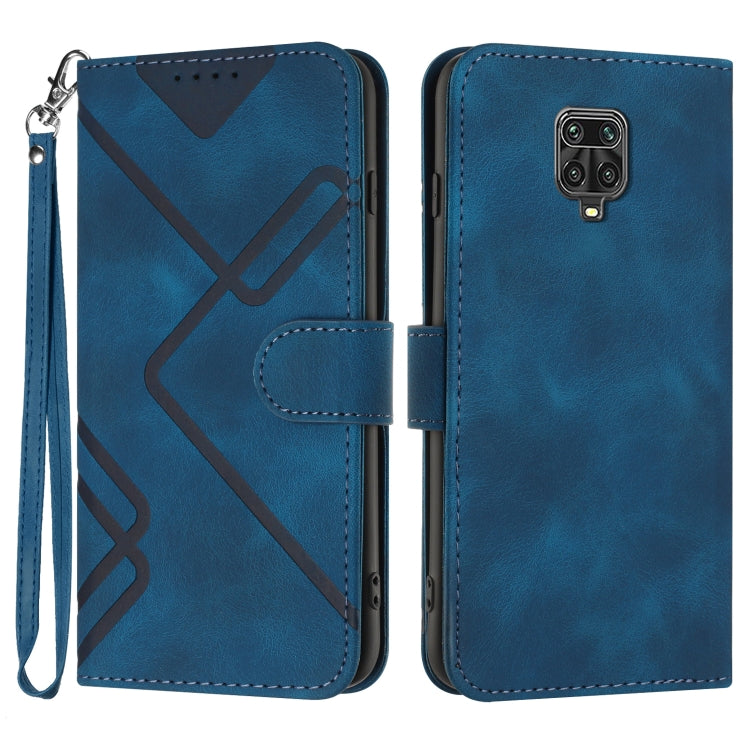 Blue flip leather phone case with wrist strap and wallet flap, rear camera cutout.
