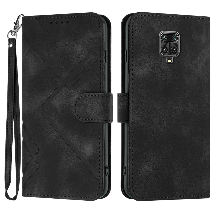 Black flip leather phone case with wrist strap and wallet flap, rear camera cutout.