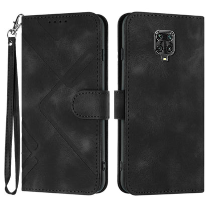 Black flip leather phone case with wrist strap and wallet flap, rear camera cutout.
