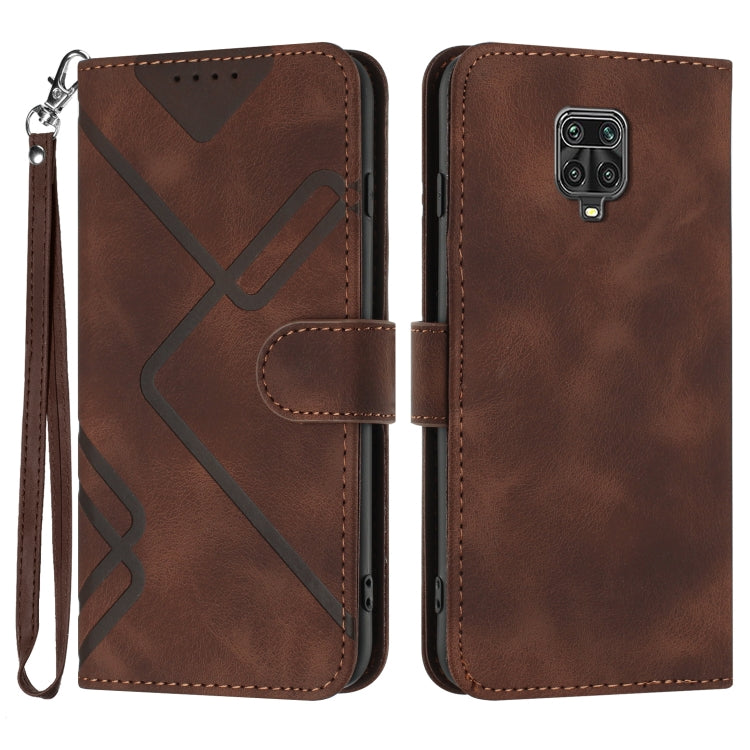 Brown leather wallet phone case with geometric pattern, camera cutout, and wrist strap