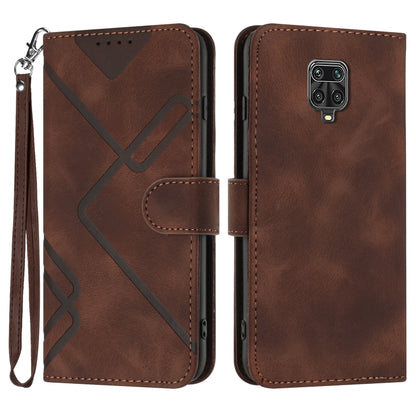 Brown leather wallet phone case with geometric pattern, camera cutout, and wrist strap