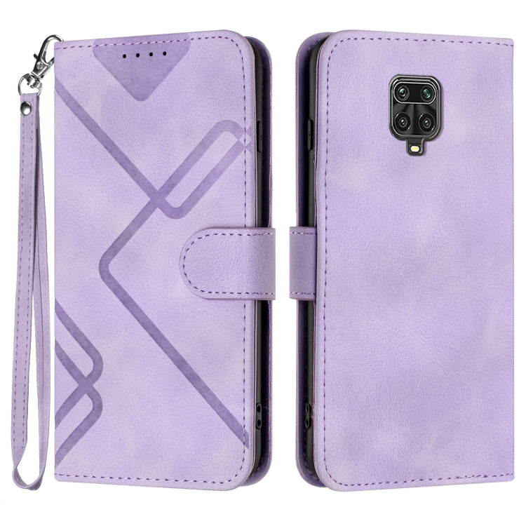 Light purple leather wallet phone case with geometric pattern, camera cutout, and wrist strap