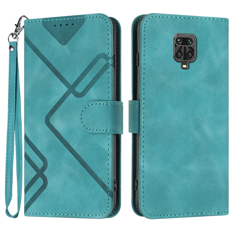 Teal leather wallet phone case with geometric pattern, camera cutout, and wrist strap