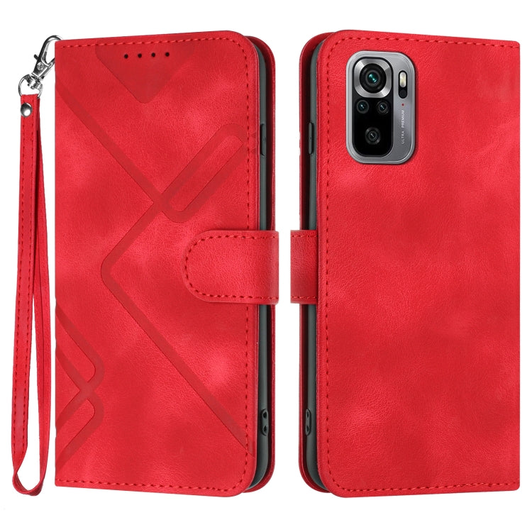 Red leather folio phone case with geometric pattern, wrist strap, and card-slot flap