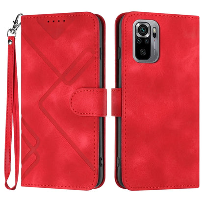 Red leather folio phone case with geometric pattern, wrist strap, and card-slot flap