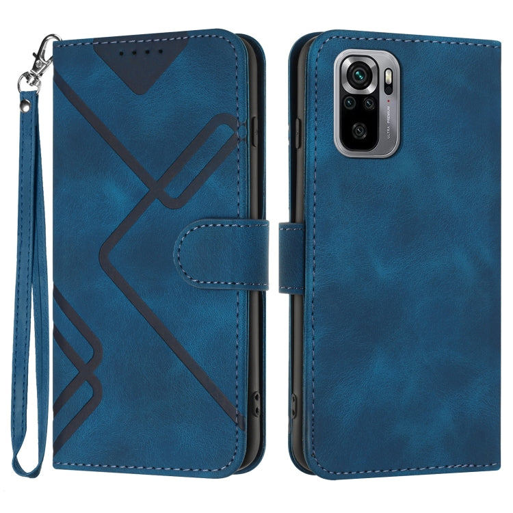 Blue leather folio phone case, geometric pattern with wrist strap and camera cutout