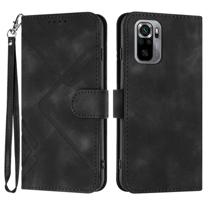 Black leather folio phone case with geometric pattern, wrist strap, and camera cutout