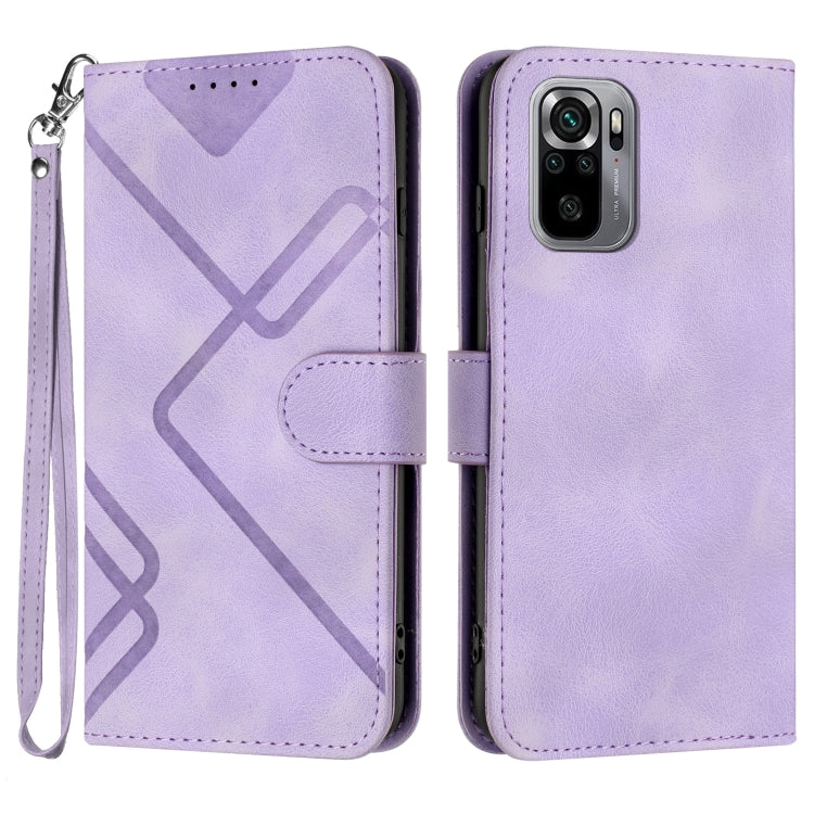 Light purple leather folio phone case with geometric pattern, wrist strap, and camera cutout