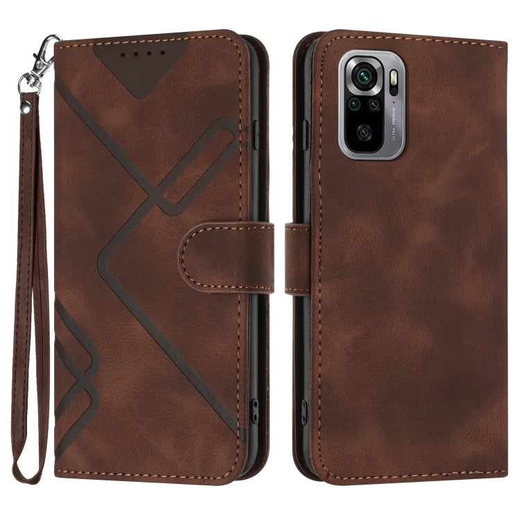 Brown leather phone case with geometric pattern, flip cover, and wrist strap, front and back