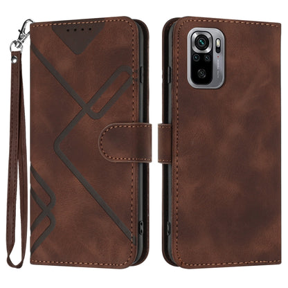 Brown leather phone case with geometric pattern, flip cover, and wrist strap, front and back
