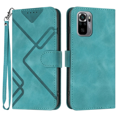 Teal leather phone case with geometric pattern, flip cover, and wrist strap, front and back