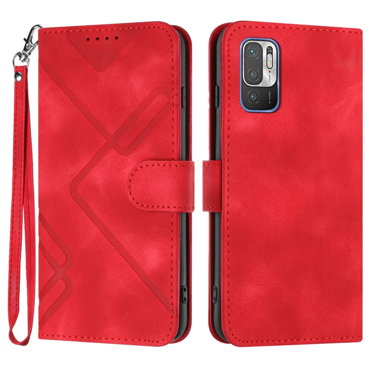 Red leather phone case with wrist strap, folio cover and X pattern front