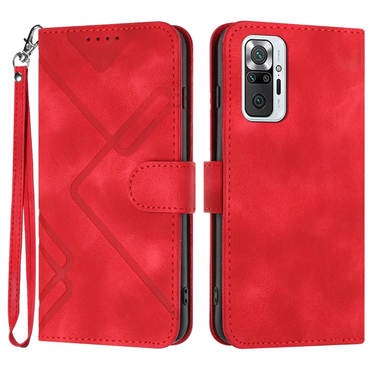 Red leather phone case with geometric pattern, flip cover, wrist strap, camera cutout visible