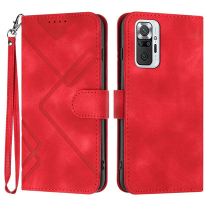 Red leather phone case with geometric pattern, flip cover, wrist strap, camera cutout visible