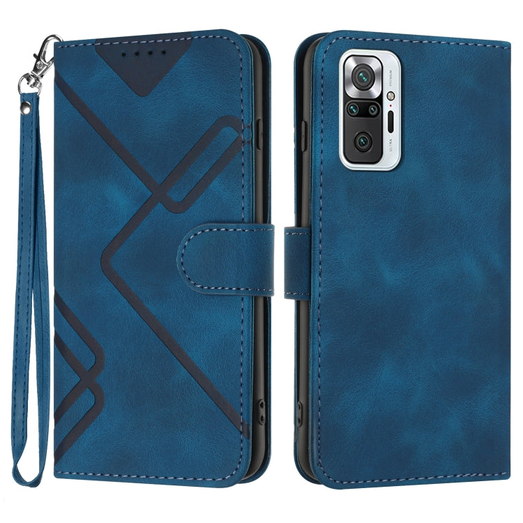 Blue leather folio phone case with geometric pattern, wrist strap, and card-slot flap