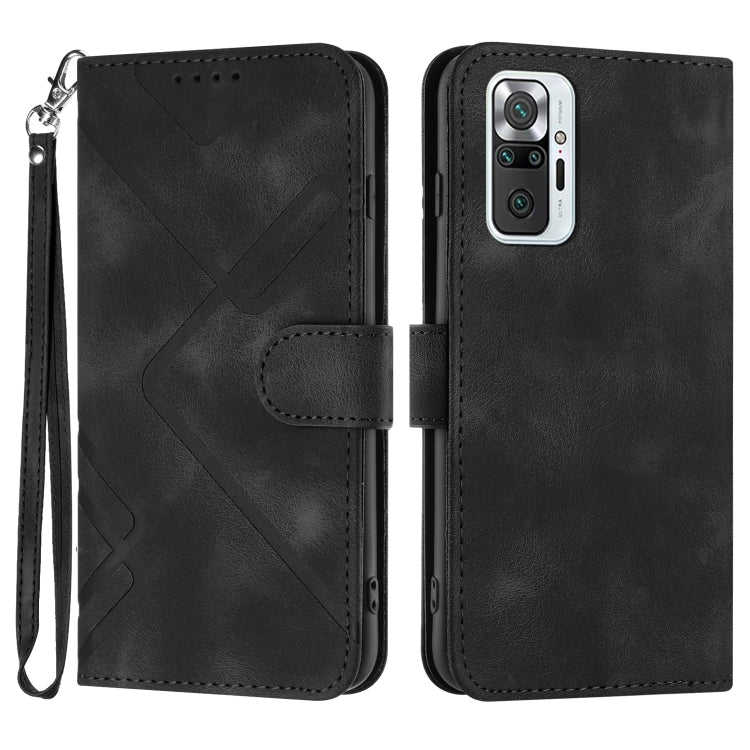 Black leather folio phone case with geometric pattern, wrist strap, and card-slot flap
